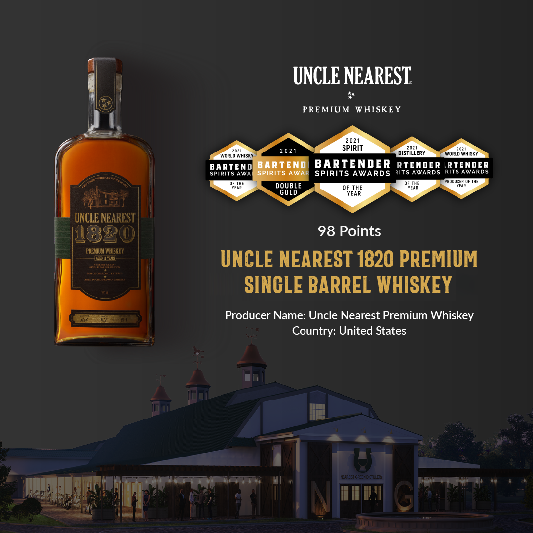 Uncle Nearest 1820 Premium Single Barrel Whiskey Wins The Best Spirit Award at 2021 Bartender Spirits Awards.